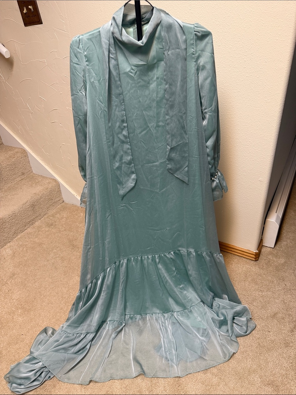Elegant Sage Green Long Sleeve Maxi Dress with Neck Tie